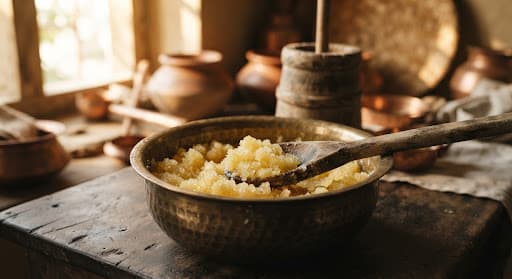 Traditional golden ghee in a brass bowl with a wooden spoon
